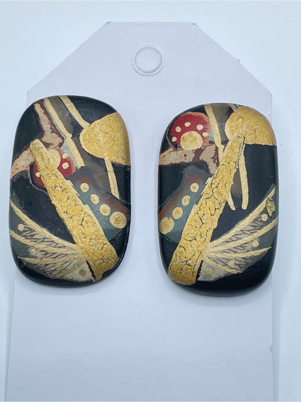 Hand Painted Wood Abstract Art Statement Stud Earrings Boho Retro